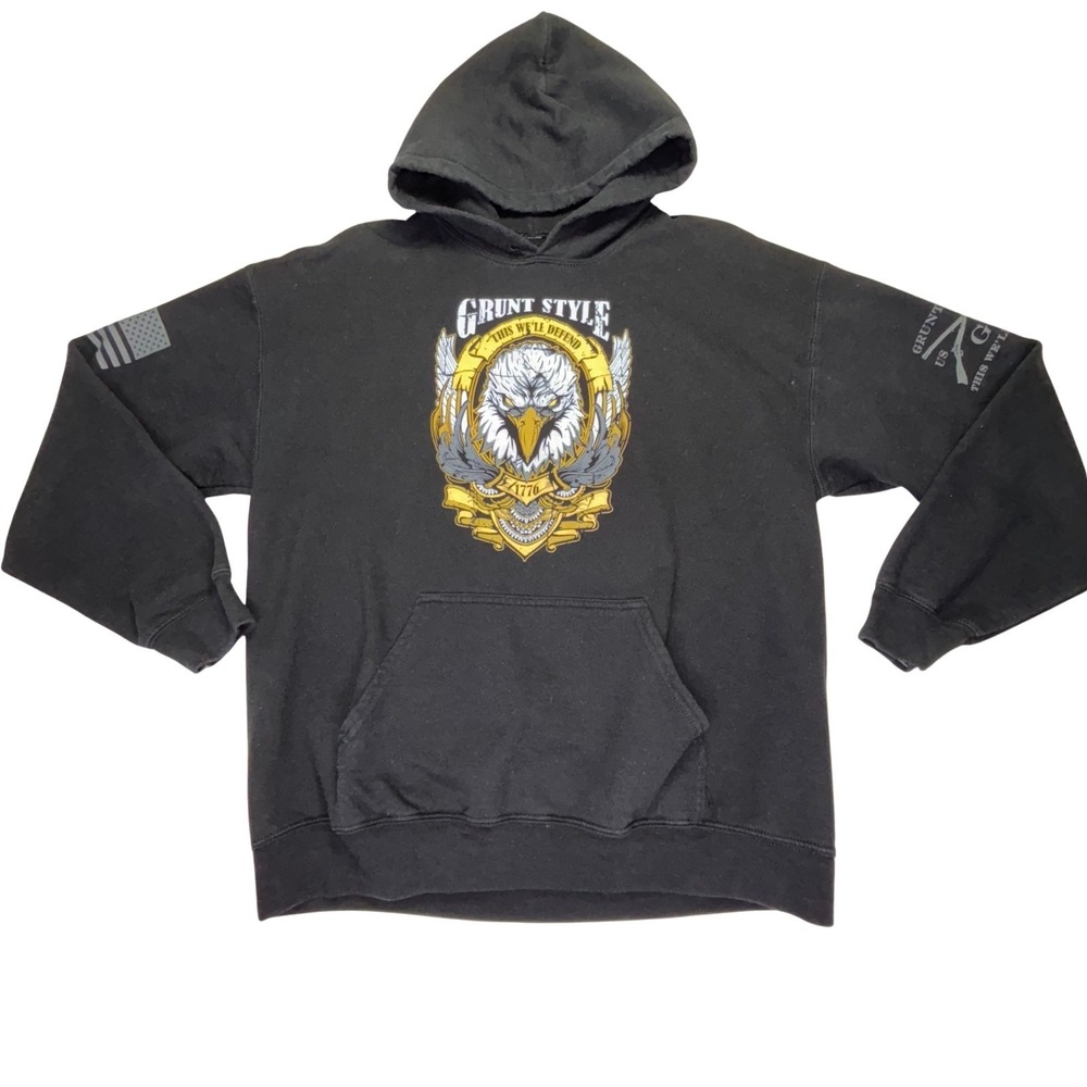 Grunt Style Black Gray‎ Graphic Hoodie Eagle 1776 USA Flag Pullover Mens Large
